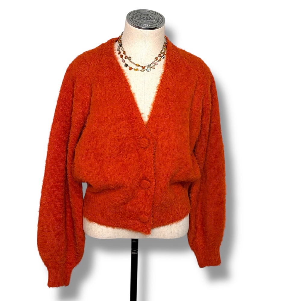 TRUTHr Fuzzy Knit Orange Cardigan Sweater Women's Small Balloon Sleeve Cropped
